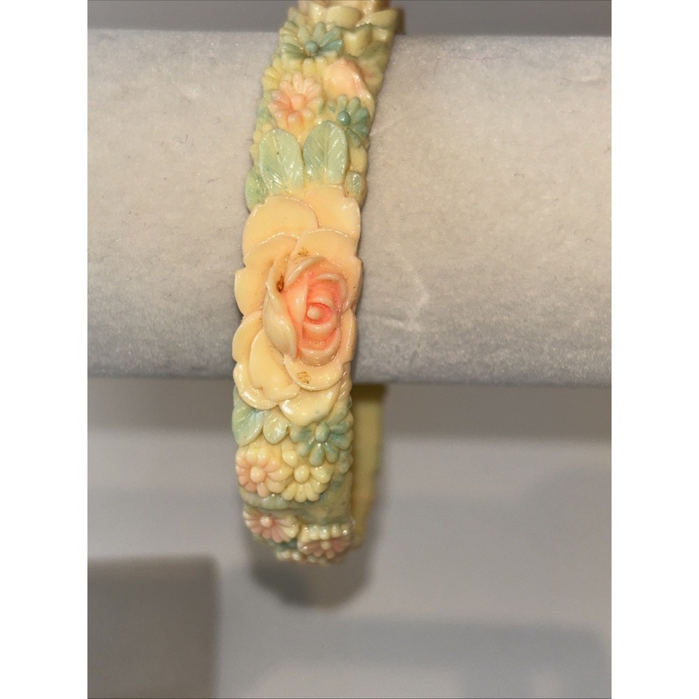 Vintage Rose And Daisies Carved Celluloid Bangle Bracelet